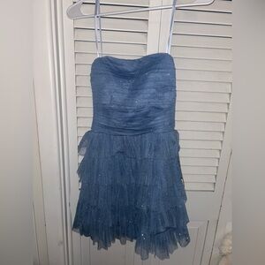 Blue Strapless Ruffled Dress